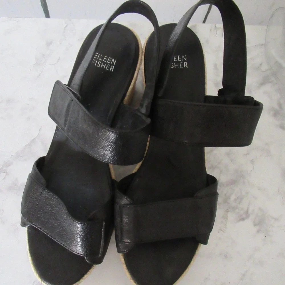 Eileen Fisher Sandals 8.5 Black Leather‎ Wedge Espadrille Adjustable Ankle Strap
